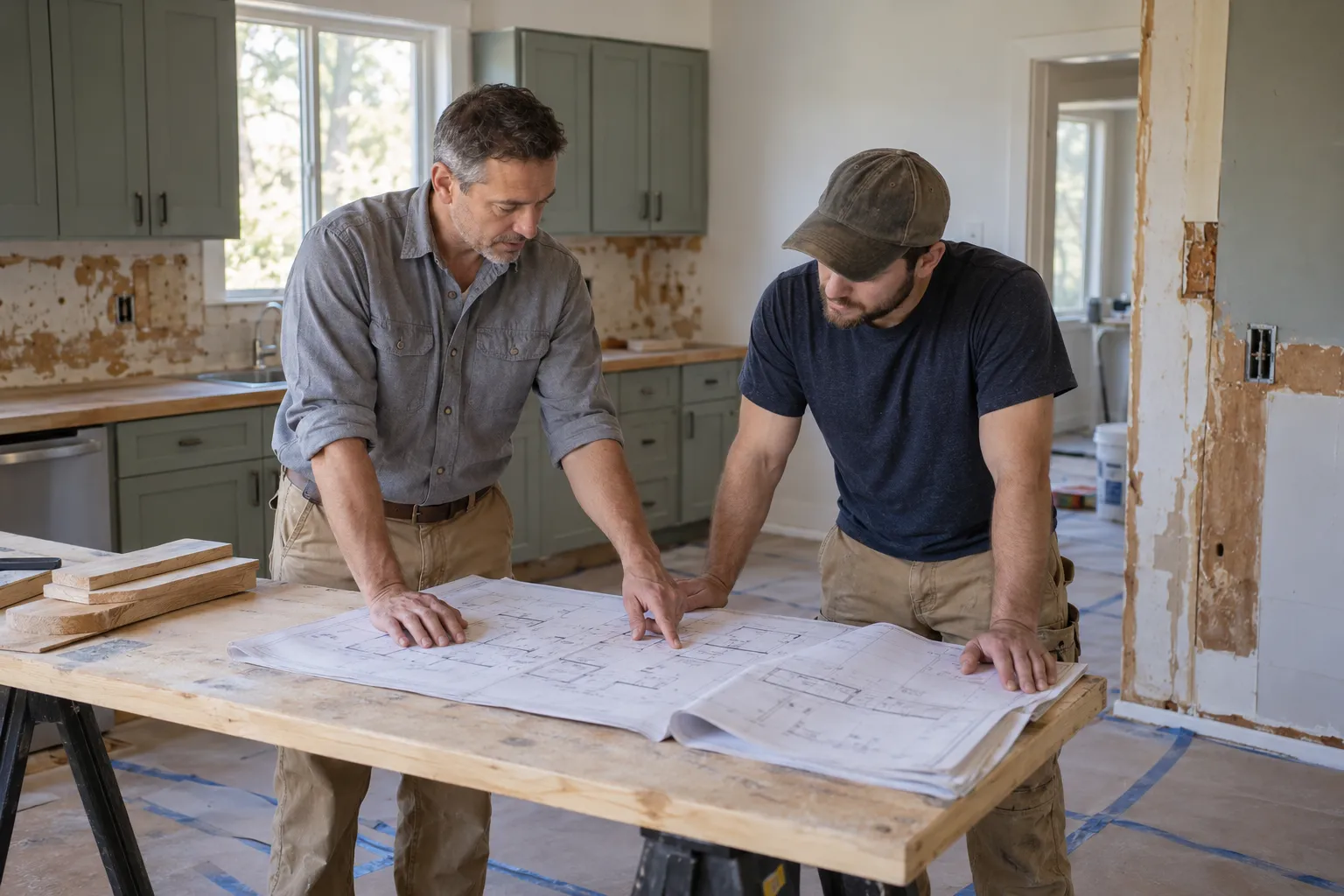 Two people discuss a floor plan beside a workbench in a kitchen renovation.